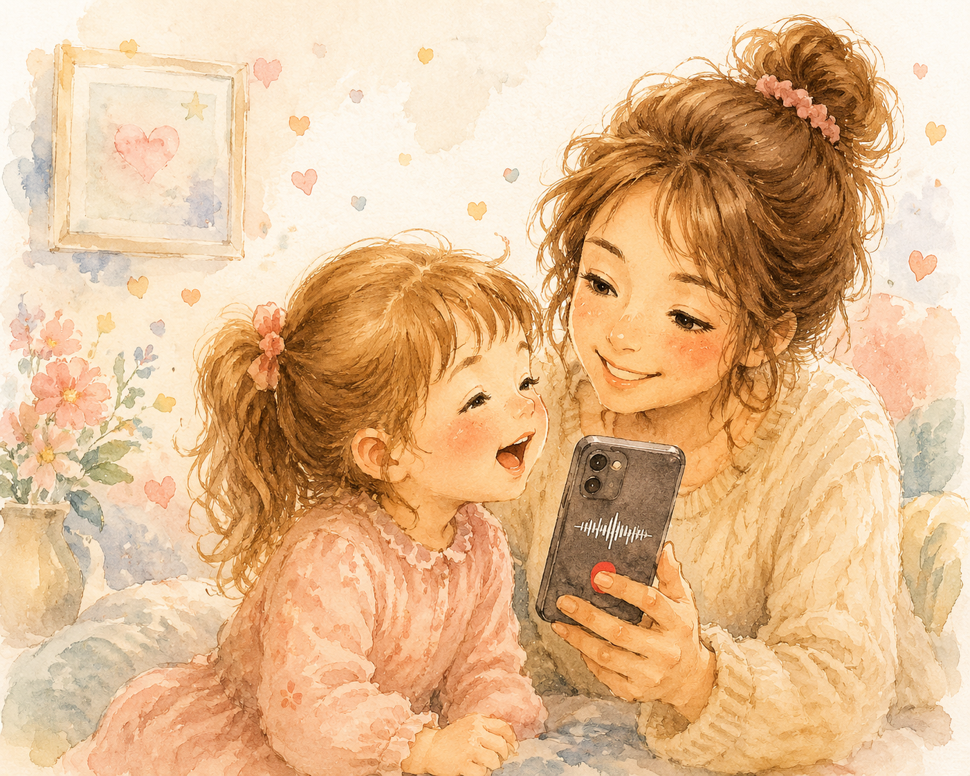 Maminka s holčičkou nahrávají hlasový vzkaz na telefon